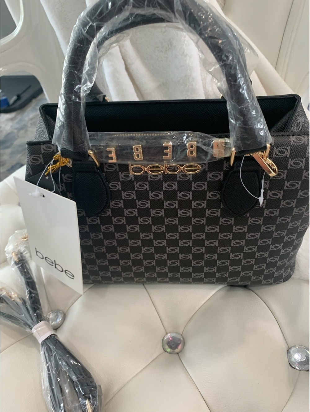 bebe Black Logo Patterned Handbag with Gold Hardware and Rem